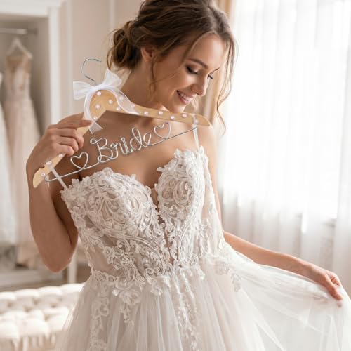 Honeydak Wood Bridal Hanger for Wedding Dress,Natural Silver,Pearl