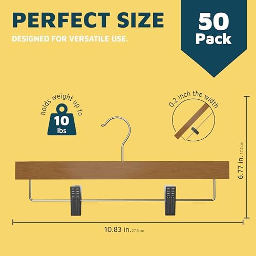 Natural Color Wooden Pants Hangers 50 Pack, Lotus Wood Hanger with Adjustable Non-Slip Clips, Heavy Duty 10 lb Capacity, 360° Swivel Hook, Slim, Space-Saving Design for Slacks, Jeans, Skirts
