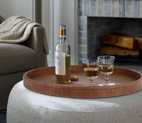 HofferRuffer Round Serving Tray 20'', Elegant Faux Leather Circle Ottoman Table Tray, Serve Tea Coffee Breakfast in Bedr