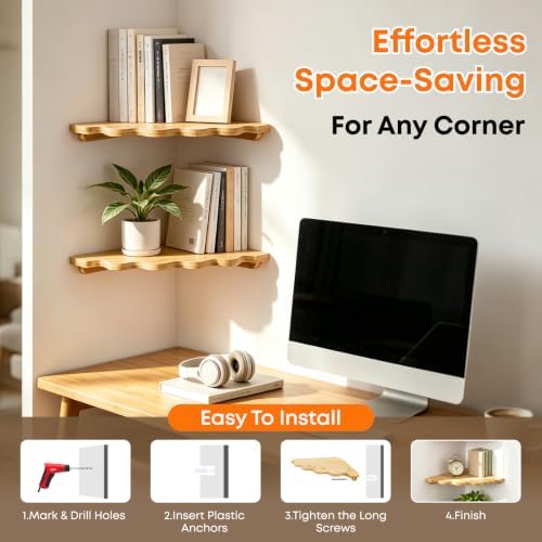 Fantasyon Corner Floating Shelf Wall Mount, Set of 2 Floating Corner Shelves, Bamboo Wood Corner Hanging Shelves with Co