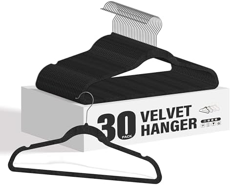 HealSmart Velvet Hangers 30 Pack, Space Saving Clothes Hangers for Closet, Non-Slip Heavy Duty Coat Hangers for Pants, Shirt, Sweater, Suit & Dress Clothing with 360° Swivel Hook, Black