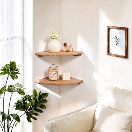Gieanoo Corner Floating Shelf 7inch Solid Oak Wood Floating Corner Shelf with Wire Hole Corner Wall Mount Storage Displa