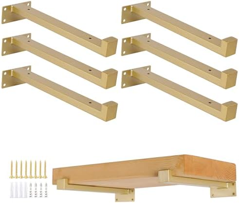 EZYDECOR 6Pcs Heavy Duty Shelf Brackets with Lip Gold 8"/200mm