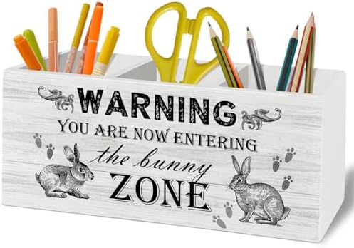 Bunny Easter Gifts for Women, Easter Bunny Decor, Bunny Gifts, Funny Rabbit Pen Pencil Holder Organizer for Desk Accessories, Wooden Box Sign Desk Decor for Home Office Decoration