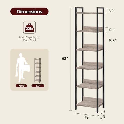 MAHANCRIS Bookshelf, 6-Tier Bookcase, Standing Book Shelf for Small Space, Storage Shelf Organizer, for Living Room, Bed
