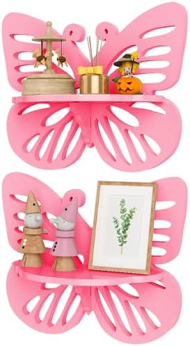 2-Tier Butterfly Wall Shelf - Nursery Decor Pink Floating Corner Shelves, Cute Wall Display Rack Bookshelf for Kid’s Roo