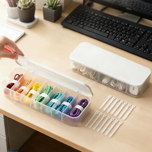 Cable Organizer Box with 7 Wire Ties, 2 Pack Desktop Cord Management Storage Case with Lid, 7 Compartments for Chargers 