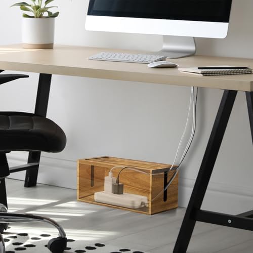 Acacia Wood Cable Management Box - Cable Organizer Box - 2 Open Slots Cords Hider Box - Under Desk Cord Organizer for Po