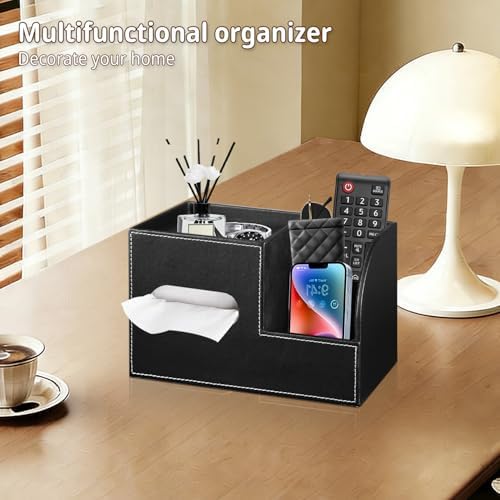 PU Leather Square Tissue Box Cover with Storage Tray,Cube Tissue Box Holder