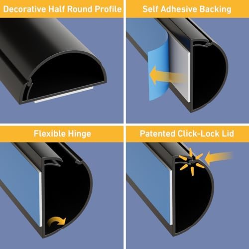 D-Line Half Round Cord Hider, Patented Cable Cover, Hide TV Wall Mount Wires, Raceway for Cords, Decorative Wire Covers,