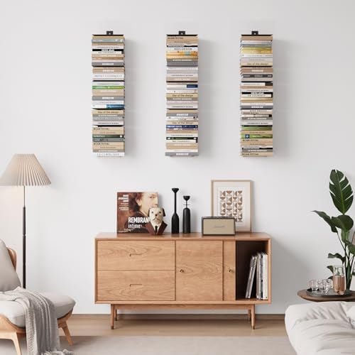 Wawocs Invisible Bookshelves for Wall, 8 Tier Floating Bookshelf Made of Heavy Duty Metal, Vertical Spine Book Tower Han