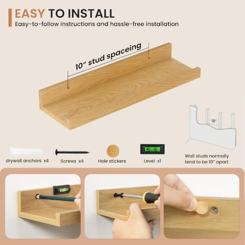 Dreamland Picture Ledge Shelf for Wall, Floating Shelves Set of 4,16 inch Long Floating Shelves with Lip for Living Room,Bedroom,Bathroom,Kitchen,Oak