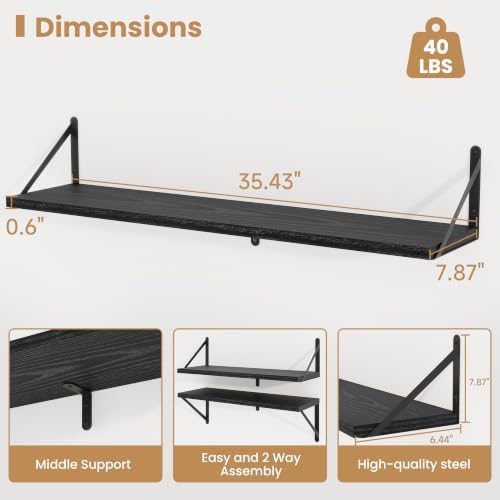 Heimlove Floating Book Shelves for Wall,35.4 Inches Long Wall Mounted Bookshelves,Heavy Duty Bracket Shelves for Living 