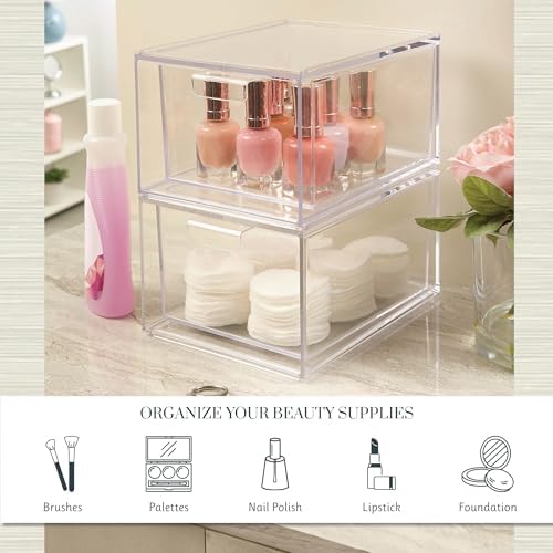 STORi Audrey Stackable Clear Bin Plastic Organizer Drawers | 2 Piece Set | Organize Cosmetics and Beauty Supplies on a V