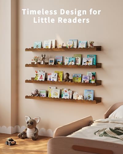 Shario Nursery Book Shelves, 4-Pack White Floating Shelves for Wall Kids, Scalloped Shelves, Wall Book Shelves for Bedro