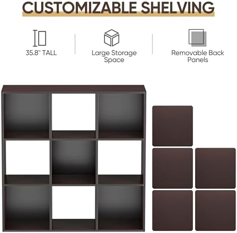 SUPER DEAL 9 Cube Storage Organizer, 3 Tier Bookshelf Open Shelf Display Rack with 5 Removable Back Panels Wood Bookshel