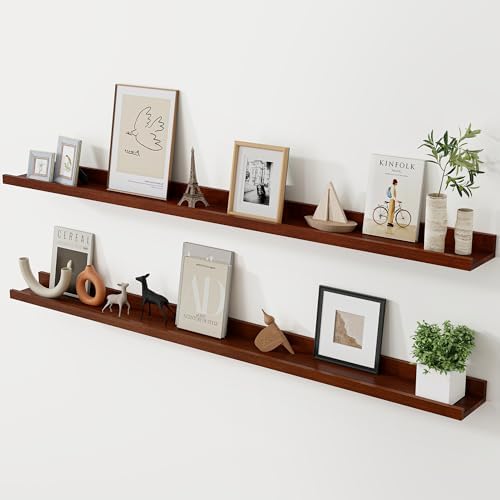 Acovy Long Floating Shelves for Wall, 55 inch Solid Wood Picture Ledge Shelf, Picture Shelf for Wall with Ledge, Floating Book Shelves for Living Room Bedroom Kitchen Nursery Decor, Walnut, Set of 2