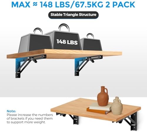 Matte Black Folding Shelf Brackets, 10 Inch, 4 Pack