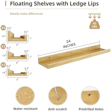 Acovy Floating Shelves Set of 6, 24 Inch Wall Mounted Picture Ledge Shelf with Lip, Oak Display Shelves for Living Room, Bedroom, Nursery, Bathroom & Kitchen