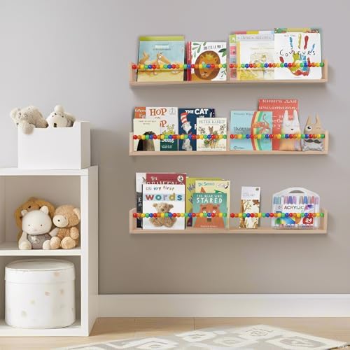 birola Nursery Book Shelves Set of 3,Wood Floating Book Shelves for Wall,Wall Book Shelf for Kids，Bathroom Decor, Kitchen Spice Rack (Five-Color Beads)