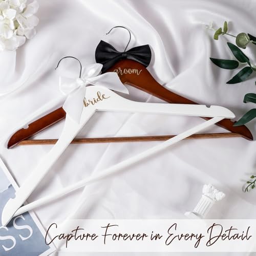 JOVGANK Bride & Groom Wooden Wedding Hangers Set with Bow Tie