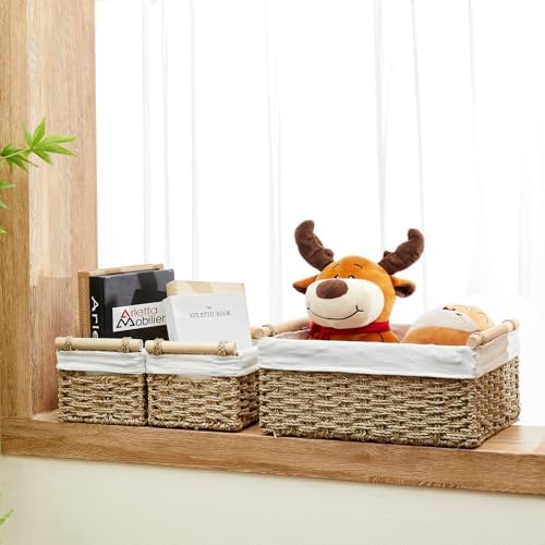 Vagusicc Wicker Storage Basket, 3-Packs Seagrass Storage Baskets for Organizing, Large Cube Storage Organizer Baskets Bi