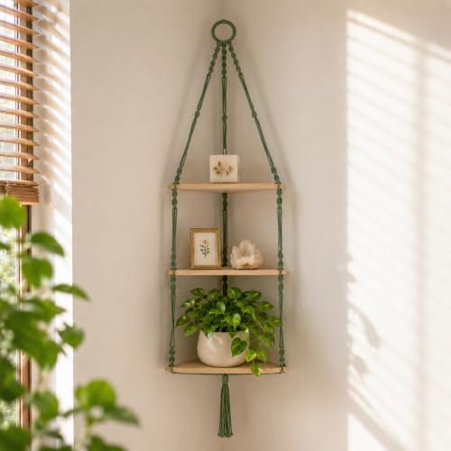 Artilady Corner Shelf Macrame Wall Hanging, Adjust Boho Storage Art, 3 Tier