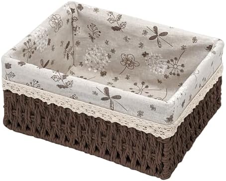 Wicker Storage Baskets, Handwoven Paper Rope Organizer Bins with Removable Floral Liner, Large for Bathroom, Pantry, She
