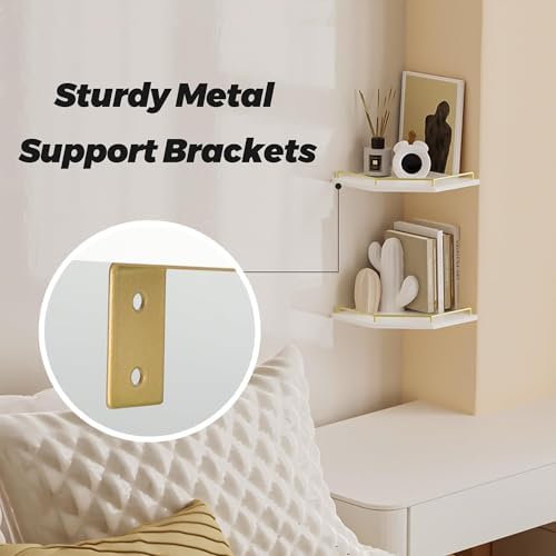 Tirzah White Wall Mount Corner Shelf with Gold Metal Guardrail, 2-Tier 9.5-inch Diamond-Shaped Wood Corner Floating Shel