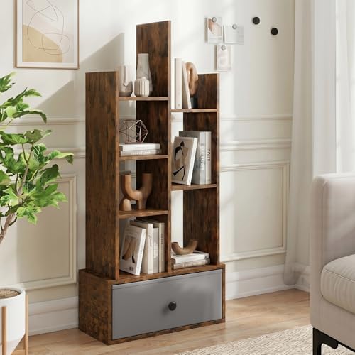 Tangkula 7-Tier Narrow Bookshelf with Fabric Drawer, Staggered Geometric Bookcase for Small Spaces, Industrial Wooden St