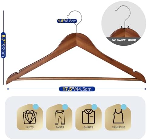 Korpai 50 Pack Wooden Hangers,Wooden Clothes Hangers with Smooth Pant Bar and Shoulder Notches,Heavy Duty Hangers with 360-Degree Rotatable Hook, Coat Hangers for Coats,Shirts,Dress,Pants,Walnut