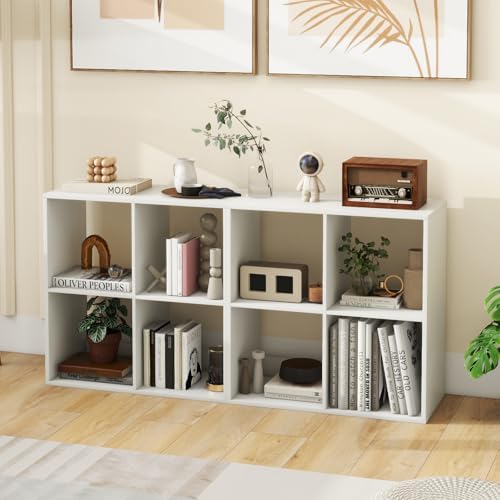 4 Cube Storage Organizer Set of 2, 2 Tier Floor Standing Bookcase, Small Bookshelf for Small Spaces, Wooden Open Display