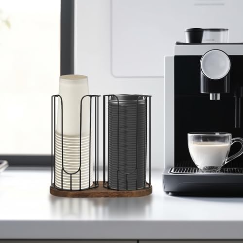 2-Compartment 18oz Coffee Cup Dispenser Rack with Wood Base, Disposable Cup, and Lid Organizer for Countertop - Perfect 