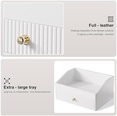 LADSTAG Makeup Organizer,Leather Skin Organizer with 1 Drawer&Tray,Luxury Beige White Makeup Storage for Perfume,Bedroom