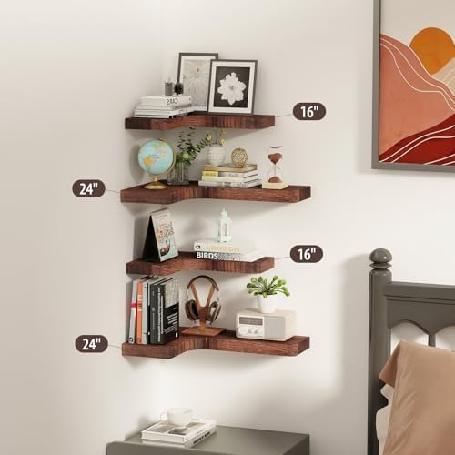 SAUMONIERES Corner Floating Shelves 24 Inch Wall Mount Shelf Solid Wood for Bedroom Bathroom Kitchen Storage Set of 2, R