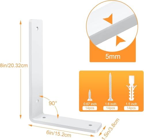 White Floating Shelf Bracket 8 Inch, 6 Pack Heavy Duty Shelf Brackets, Wall Shelf Bracket for DIY Decorative with Mounti