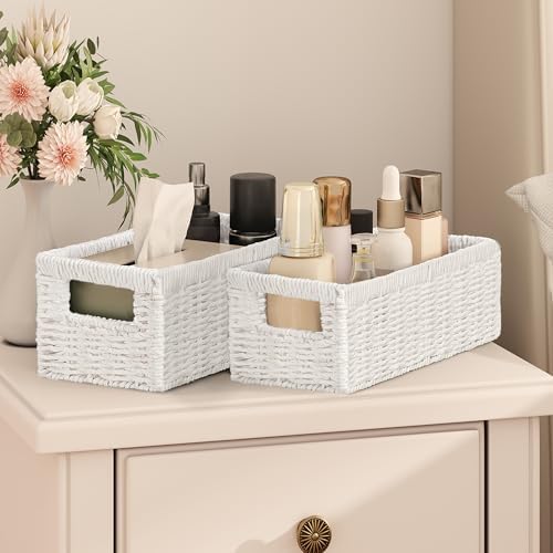 Vagusicc Wicker Storage Basket, Set of 2 Hand-Woven Paper Rope Wicker Baskets for Organizing Decor Storage Bins for Coun
