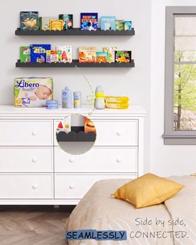 Black Nursery Floating Shelves for Wall, Scalloped Book Shelf for Kids Room