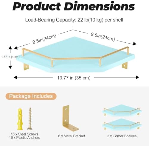 Tirzah Blue Wall Mount Corner Shelf with Gold Metal Guardrail, 2-Tier 9.5-inch Diamond-Shaped Wood Corner Floating Shelv