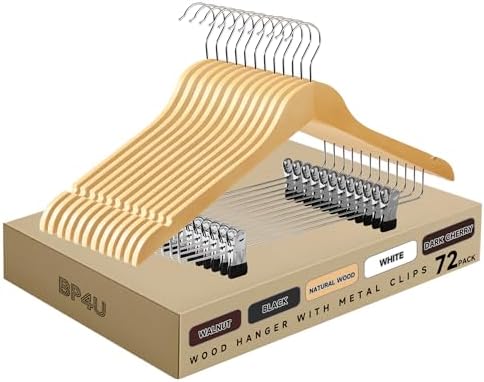 Wooden Hangers with Adjustable Metal Clips, 72-Pack, Natural