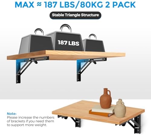 Matte Black Folding Shelf Brackets, 12 Inch, 2 Pack