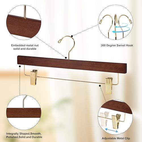 Quality Hangers Wooden Pants Hangers - 100-Pack Swivel Hook Cloth Hanger Set - Lotus Wood Skirt, Pant, Shorts and Slack Hangers with Adjustable Clip – Clothing Hanger Set (Walnut - Gold Hook, 100)