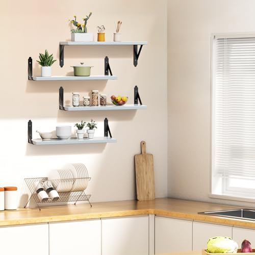 ROMGUAR CRAFT Wood Wall Floating Shelves Set of 4, 17" x 6" - Light Grey