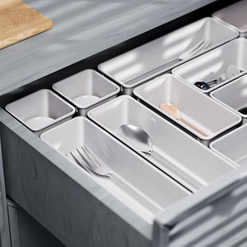 Cetomo 25 Pcs Drawer Organiser Set, Plastic Storage Drawer Organizer, Drawer Dividers, Adjustable and Expandable, Container Tray for Kitchen Utensils, Cosmetic, Makeup, Gadgets, White, 4 Size-25 Pack
