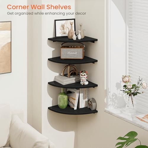 Homode Corner Shelf Wall Mount, 4 Tier Rounded Corner Floating Shelves, 12 Inch Deep Hanging Corner Shelf Storage, Wood 