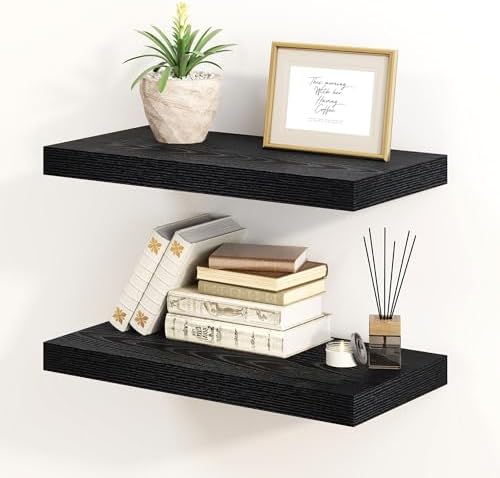 Fun Memories Black Floating Shelves 16 Inch Long, 8 Deep Floating Shelf Wall Mounted, 16 x 8 Inch Wooden Bathroom Shelve