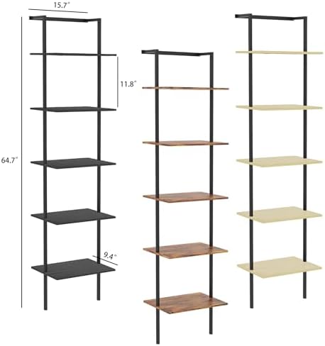 5-Tier Wall Mounted Ladder Shelf, Black, 64.7" H