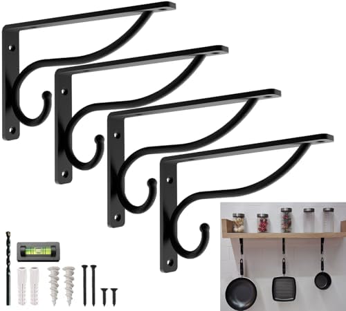 Closet Rod Bracket, 8 Inch Hook Shelf Brackets Heavy Duty Wall Mounted, Black Closet Rod Support Brackets for Curtains, 