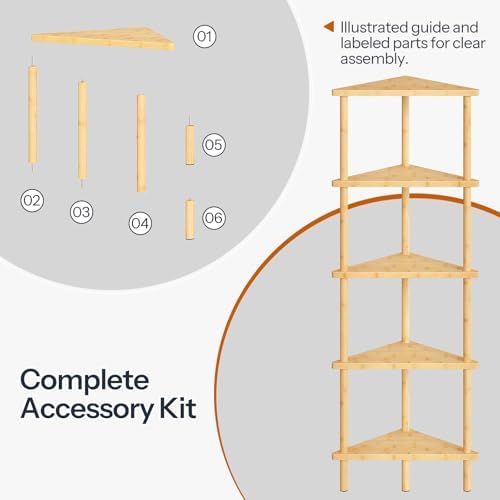 HOOBRO Corner Shelf Stand, 5-Tier Bamboo Corner Bookshelf, Plant Display Shelf, Corner Bookcase, Multipurpose Shelving U