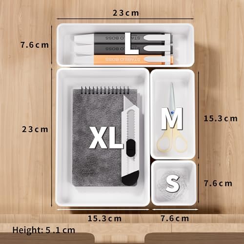 Cetomo 25 Pcs Drawer Organiser Set, Plastic Storage Drawer Organizer, Drawer Dividers, Adjustable and Expandable, Container Tray for Kitchen Utensils, Cosmetic, Makeup, Gadgets, White, 4 Size-25 Pack